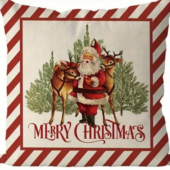 Christmas Ho Ho Ho Old World Santa and Reindeer Christmas Pillow Cover 18X18 NEW - Picture 1 of 1